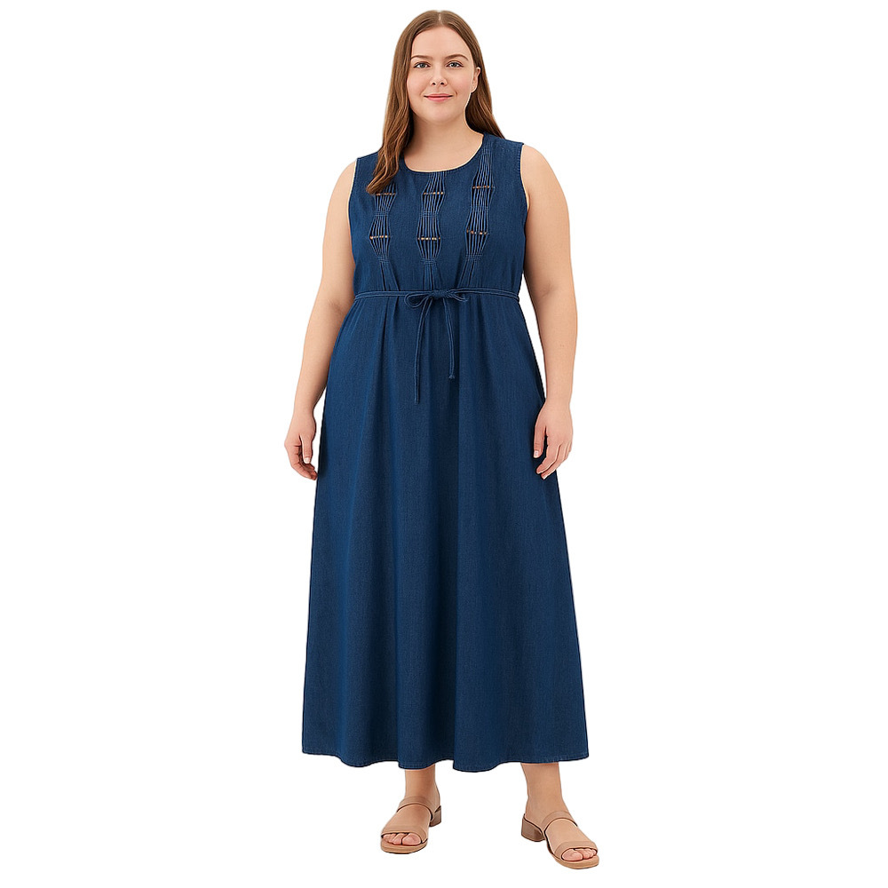Vintage 90s Sleeveless Denim Maxi Dress Pleated Embroidered 100% Cotton Boho, 14